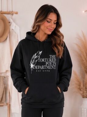 Taylor Swift Black Hoodie with White Feather & Text Graphic